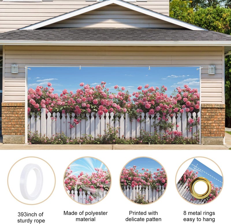 ANNA QUEEN Rose Garden Garage Door Banner 6x13FT, Pink Roses and White Fence Garage Door Cover, Large Outdoor Floral Decoration for Garage Doors, Garden Fence & Spring Summer Party Backdrop - Image 4